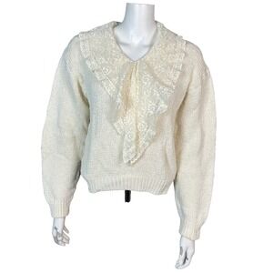 VTG Cottagecore Sweater Lace ruffle Medium Herman Geist Cotton Linen Victorian